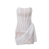 2023 New Women's Sexy Lace Mesh A Word Shoulder Wipe Breast Micro Transparent Slim Dress Woman-Outfit