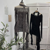 Fongt Dark Waste Soil Wind Makes The Old Hole Hanging Shoulder Hanging With Long Sleeves Irregularly Open Fork T-Shirt Skirt 9295
