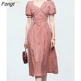Han Queen Elegant Lantern Sleeves High Waist Women Dress Simple Casual Work Vestido V-Neck Mid-Calf Office Party Plaid