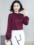 Women's Blouse Silk Tops for Women Solid Embroidered Long Lantern Sleeve Top Stand Neck Clothing Female 2023 Basic