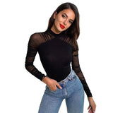 Fongt High Round Collar Mesh Stitching Long Sleeve Slim Solid Color Joined Female Support Board