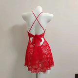 Fongt Pajamas Woman 2025 New Seduction Red Lace Hollow Big Bow Bow Small Breast Slings Sleeping Skirt