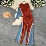 Fongt Version Of The Casual Sports Suit Women's Autumn Design Feeling Loose Collar Collar High-Waisted Denim Splicing Trousers