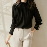 Fongt Spring Long-Sleeved Shirt Elegant Temperament Loose Wooden Ear Collar Loose French Silk Silk Top Woman