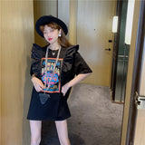 Cotton Loose 4XL Cute Splitted Ruffles Vintage Letter Print T Shirts for Woman Girls Kawaii Y2k Tops Harajuku Black