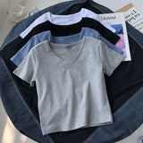 Fongt Women With Ins Tight Short Sleeve V-Neck Solid Color Short T-Shirt In Summer