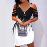 Fongt Summer Women's Sling Zipper V-Neck Print Casual Gradual Short Tight-Fitting