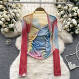 Fongt Girls Tie-Dye Mesh Jersey Long-Sleeved T-Shirt Girl Thin Perspective Temperament Fashion Folding Top
