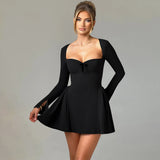 Fongt New Autumn Women's Sexy Solid Color Long Sleeves Bra Body A Word Swing Short Dress