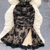 Fongt Dress Female High-End Banquet Party Dress To Collect The Waist Thin Velvet Print Folded Open Pouse Long Dress