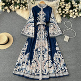 Fongt Dress New Retro Print Collar Collar Horn Sleeve Dress Women's Single Buckle Large Irregularly Folded Long Skirt