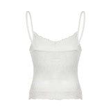See Through Lace Cropped Top Solid White Sleeveless Spaghetti Strap Tops Women Casual Patchwork Summer Tee y2k Aesthetic-Outfit