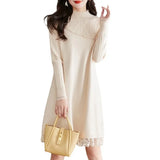 And Winter Knitted Dress Women's Casual Lace Sweater Skirt Medium-Length Semi-High Collar Bottom Sweater Girl-Outfit