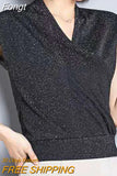 Fashion V-neck Temperament Short Sleeve Chic Pullovers for Women Blouses 2023 Solid Color Office Lady Bright Silk