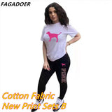 Summer Casual PINK Letter Print Two Piece Sets Women Short Sleeve Top And Skinny Pants Tracksuits Famale 2pcs
