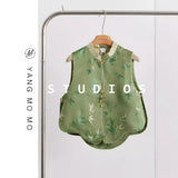 Chinese Style Emerald Green Round Collar Buckle Printed Ridge Shoulder Vest 2024 Spring Style Cool Zen Horse Clip Vest-Outfit