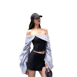 Fongt Women's Clothing 2025 Summer New Fashion Stripe Bumped A Word Shoulder-To-Shoulder Repair Slim Thin Long-Sleeved Top Lady