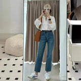 Fongt Blue Nine-Point Jeans Women 2025 New High-Rise Display Thin Man Retro Narrow Version Of Straight Smoke Pipe Pants