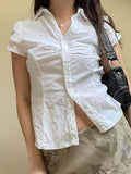 Short Sleeve V-Neck Plain Ruched Shirt-Outfit