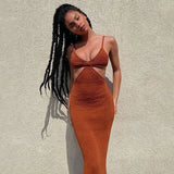 Sexy Solid Spaghetti Strap Maxi Dress Women V-neck Hollow Out Bodycon Dresses Partywear 2021 Spring Backless Vestido