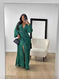 Fongt 2025 Elegant Splicing Long-Sleeved V-Neck Dress Women's Dress
