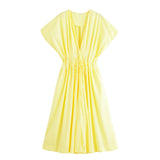 Fongt Summer New Women's Folding Shoulder Short-Sleeved Fan Flute Long Dress