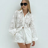 Fongt Suit 2024 Spring Autumn New Fashion Cotton Embroidered See-Through Shirt High Waist Shorts-Outfit