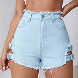 Fongt Trendy Hottie Sexy Retro Hairy Side On Both Sides Of The Hollow Can Adjust Denim Super Shorts Hot Pants