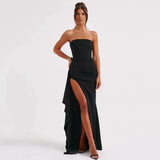 Fongt New Evening Dress Party Woman's Word Collar T-Shirt Sexy Bare Back High Open Fork Dress