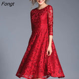 han queen Autumn Lace Dress Work Casual Slim Fashion O-neck Sexy Hollow Out Blue Red Dresses Women A-line Vintage