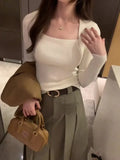 Retro Style Pure Desire Square Collar Slim Long-Sleeved Pullover Sweater With Sexy Bottom In Autumn And Winter-Outfit