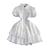 Fongt Summer Retro Temperament Elegant Collar Single Buckle White Lace Embroidery A Word Cake Dress