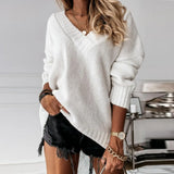 Oversize Sweater Knitted Autumn Winter V Neck Jumper Solid Knit Pullover 2021 Long Sleeve White Warm Sweaters For