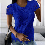 Womens Lace Round Neck Tops T-Shirts Ladies Summer Casual Short Sleeve Blouse Pullover Fashion Clothing For-Outfit
