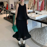 Loose Ruched Two Piece Set Womens Round Neck Sleeveless Tops High Waist Midi Skirts Female Sets Fashion Clothes