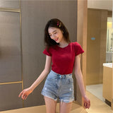 Fongt 2024 New Korean Letter Embroidered Slim Short-Sleeve T-Shirt Women's