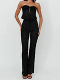 2pcs Set Women Lace Bustiers Strapless Off Shoulder Tube Tops Party Mesh See Through Tank High Waist Long Flare Pants-Outfit