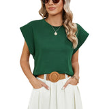 2024 New Round Collar Solid Color Shoulder-Inserted Sleeve Casual T-Shirt-Outfit