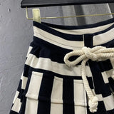 Drawstring Wild Shorts Women Stripe Printing Pocket High Waist Shorts Bandage Easy Elastic Casual Short Pants Lady-Outfit