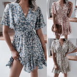 Fongt Leisure Short Sleeve V-Neck Crum Striped Lotus Leaf-Side Dress Women's Clothing