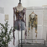 Fongt Retro Oil Painting Wind Dyed Lotus Leaf Side Sling T-Shirts Long Sleeves Drifting Coat 2658
