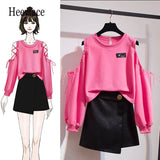 the Shouler Full Sleeve Autumn sets Female Korean Loose Pullover Top and PU Mini Bodycon Black Skirt Two pieces