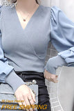Korean Fashion Sexy V Neck Knitted Pullovers Pull Femme Long Sleeve Tops Patchwork White Sweater Women Clothing 2023