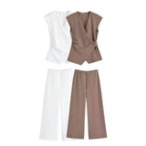 Fongt Homemade New Women's Pin-Sleeveless Top Textured Wide-Legged Casual Trousers