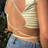 Backless Tee Tops Women ladies Short sleeve Bandage Tie up Solid Basic Pullover O Neck T Shirts Club Streetwear Crop
