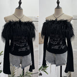 Fongt Shot Hair Collar Print Shoulder Horn Long-Sleeved T-Shirt Repair Short Picties Shoulder Grinding Top 1368