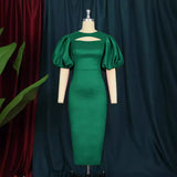Fongt Summer Round-Neck Bubble Sleeve Women's High Waist Dress Party Dress Party Dress