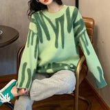 Pullovers Women Sweater Elegant Green Striped Print Winter Long Sweaters Streetwear Ladies Jumper Warm Outerwear 2021