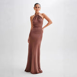 Fongt Summer New Women's Sexy Hanging Neck Solid Color Sleeveless Temperament Waist Dress