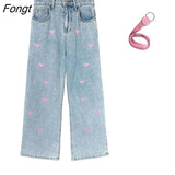 Cute Heart Pants Female Women's Jeans Boyfriend Embroidery Jeans High Waist Kawaii Jeans Cool Punk Stright Trousers
